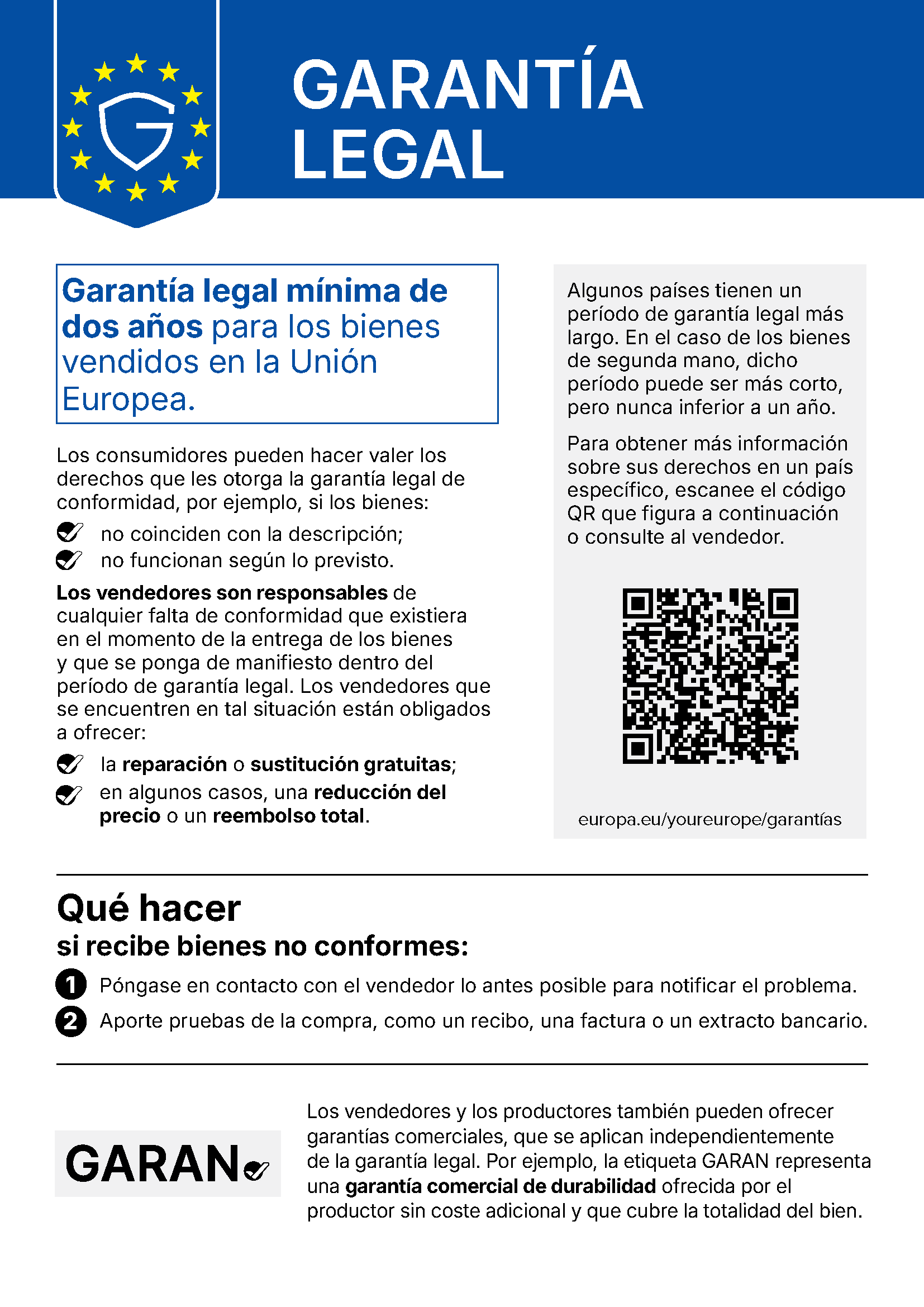Aviso armonizado de la UE sobre la garant&iacute;a legal: garant&iacute;a legal m&iacute;nima de dos a&ntilde;os para los bienes vendidos en la Uni&oacute;n Europea