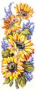 Girasoles y flores azules