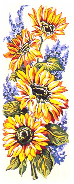 Girasoles y flores azules