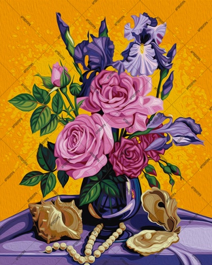Roses with Irises and Pearls