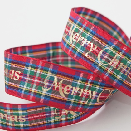 Cinta Tartan Metallic Merry Christmas 15mm - Dorado