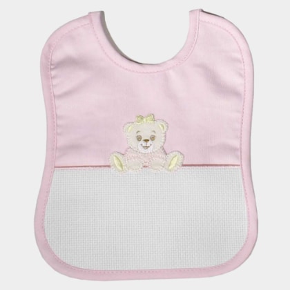 Babero con bolsillo de tela aída- Osito - Rosa