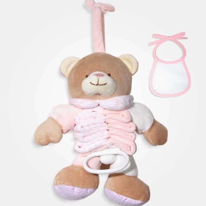 Caja de música de oso con babero decorativo para bordar - Rosa