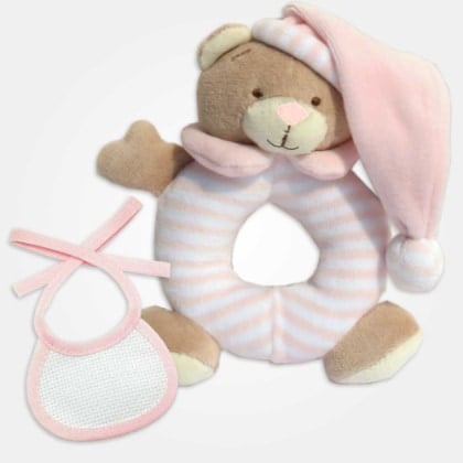 Oso Sonajero con Babero Decorativo para Bordar - Rosa