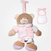 Caja de música de oso con babero decorativo para bordar - Rosa