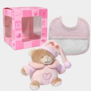 Set de regalo: Mini osito y babero para bordar - Rosa