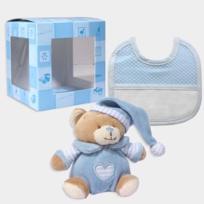 Set de regalo: Mini osito y babero para bordar - Azul