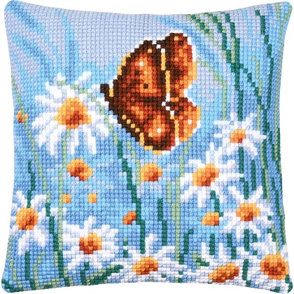 Cojín - Mariposa y flores blancas