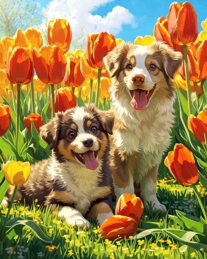Puppies in tulips