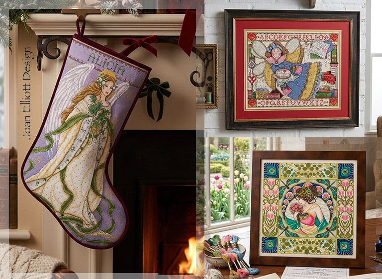 Diseños de punto de cruz Joan Elliott: calcetín navideño con ángel, cuadro con hada y alfabeto, retrato floral estilo art nouveau.
