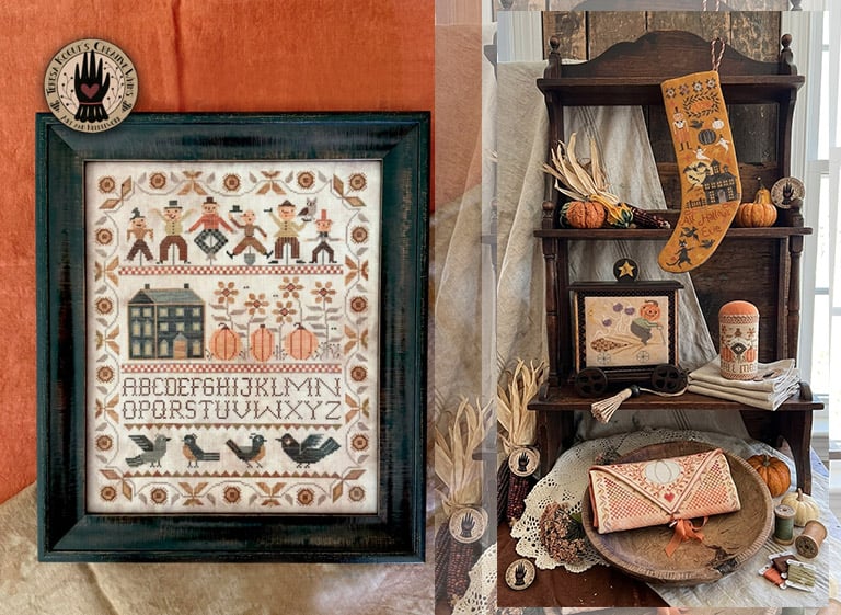 Esquemas de punto de cruz estilo folk art y Halloween de Teresa Kogut con sampler enmarcado, calcetín y adornos de otoño.